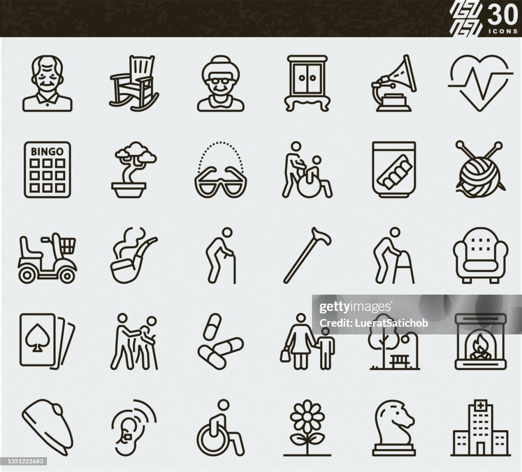 Elderly , Senior couple , Care and Support , Elder people care , Home Health Care , Seniors activities Line icons