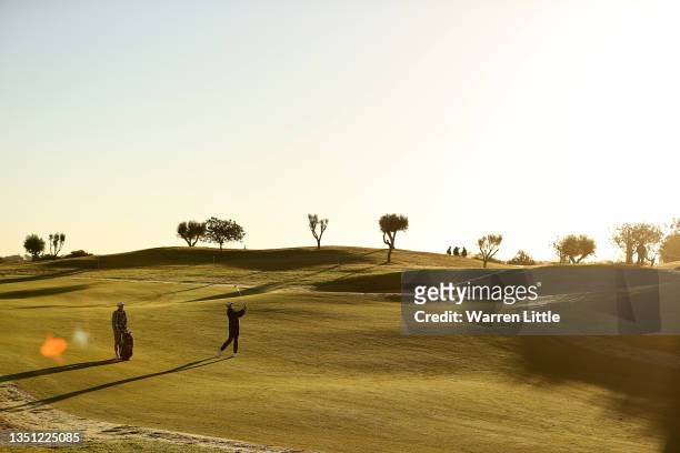 Sebastian Soderberg of Sweden plays his second shot on the 10th hole during Day One of the Portugal Masters at Dom Pedro Victoria Golf Course on...