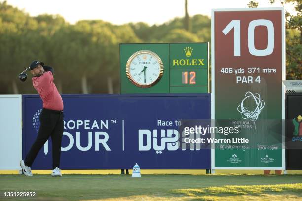 Alexander Levy of France tees off on the 10th hole during Day One of the Portugal Masters at Dom Pedro Victoria Golf Course on November 04, 2021 in...