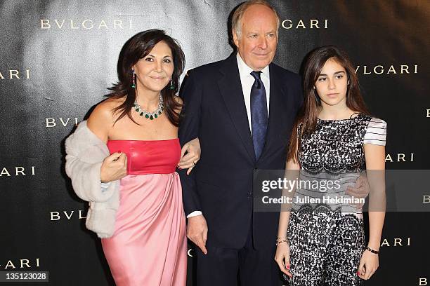 Beatrice Bulgari, Nicola Bulgari and their daughter attend the Exhibition Launch for Bulgari 125th Anniversary Celebration at Grand Palais on...