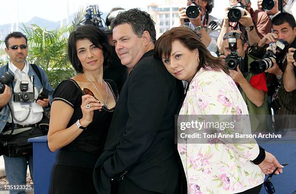 Hiam Abbas, Amos Gitai, Director and Hanna Laslo during 2005 Cannes Film Festival - "Free Zone" Photocall at Le Palais de Festival in Cannes, France.