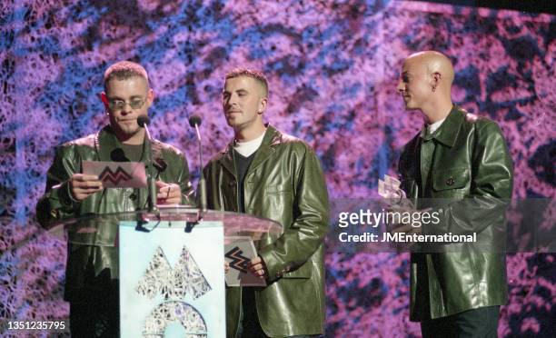 Award presenters East 17 - Brian Harvey, Terry Coldwell, John Hendy at The 1998 MOBO Awards, The Royal Albert Hall, London, 14th October 1998.