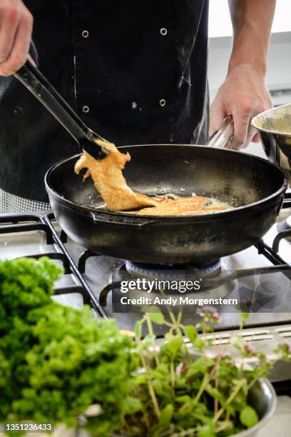 chef in the restaurant fries food in a pan on a gas stove - gas appliances stock pictures, royalty-free photos & images