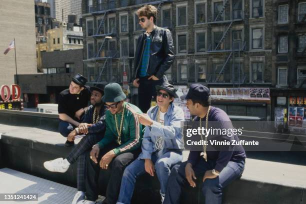 American rapper and musician Adam 'Ad-Rock' Horovitz, DJ Jason 'Jam Master Jay' Mizell , American rapper Darryl 'DMC' McDaniels, American rapper and...