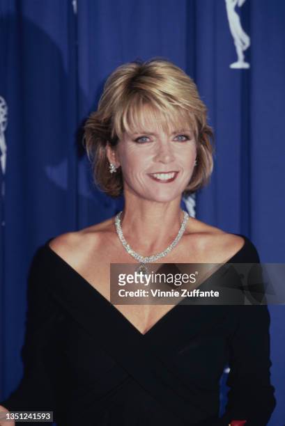 American actress Meredith Baxter, wearing a black outfit with a portrait neckline, with a diamond necklace, attends the 46th Annual Primetime Emmy...