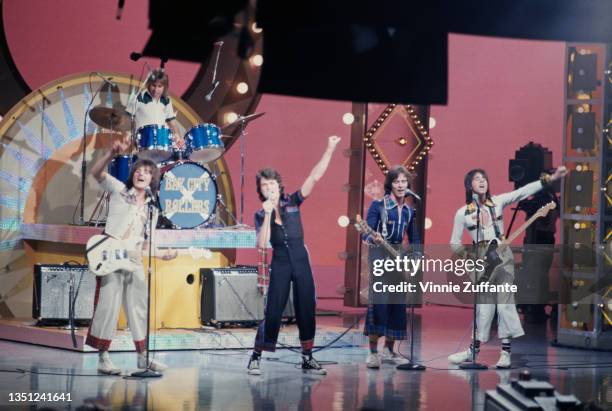 British pop group the Bay City Rollers performing live on 'Saturday Night Live with Howard Cosell', broadcast live from the Ed Sullivan Theater in...