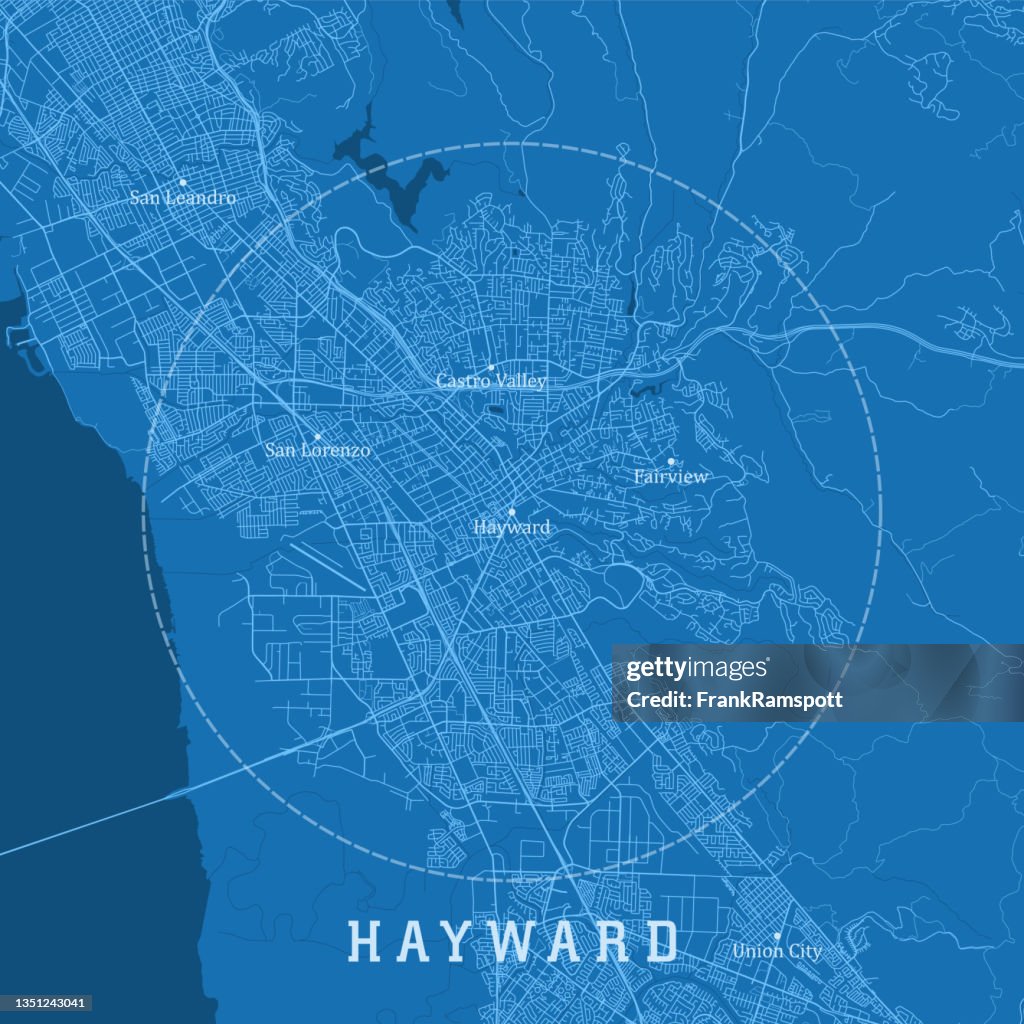 Hayward CA City Vector Road Map Blue Text