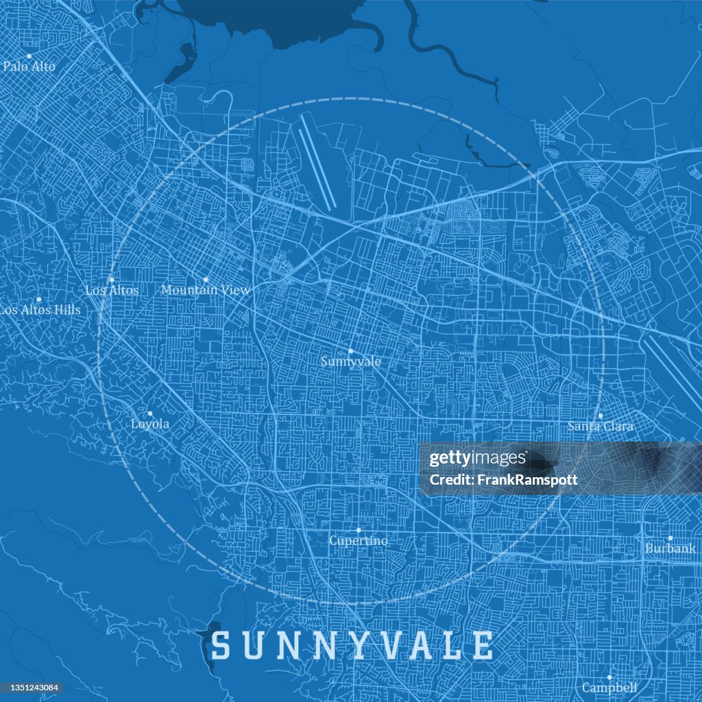 Sunnyvale CA City Vector Road Map Blue Text