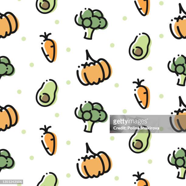 seamless pattern with vegetables pumpkin, broccoli, carrot, avocado. - broccoli on white stock illustrations