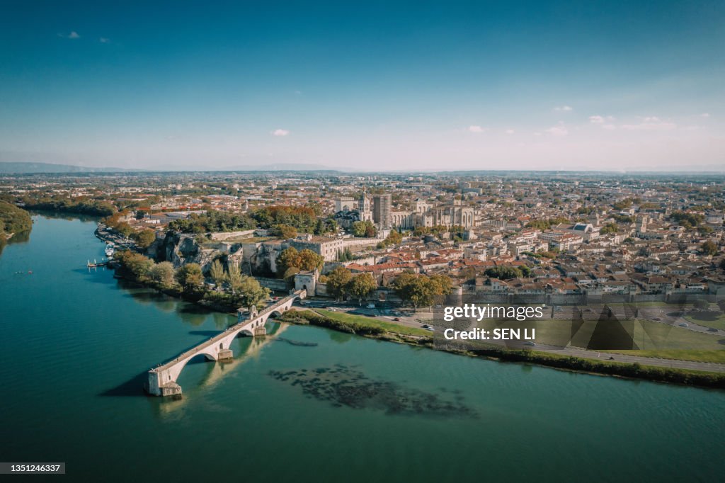 Aerial view of the old city Avignon, Le Pont Saint Benezet and Palais des Papes in Avignon, France