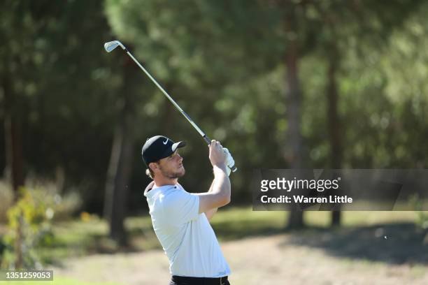 Thomas Pieters of Belgium plays his second shot on the third hole during Day One of the Portugal Masters at Dom Pedro Victoria Golf Course on...