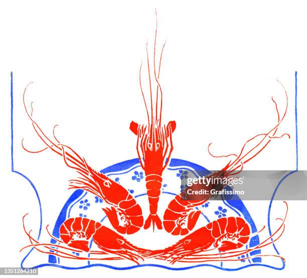 ornament with shrimp prawn and plate decorative art nouveau 1897 - shrimp seafood stock illustrations