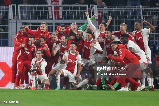 Players of Ajax pose for a group picture after the UEFA Champions League group C match between Borussia Dortmund and AFC Ajax at Signal Iduna Park on...