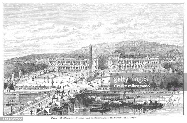 old engraved illustration of paris - the place de la concorde and montmartre, from the chamber of deputies - 19th century stock pictures, royalty-free photos & images