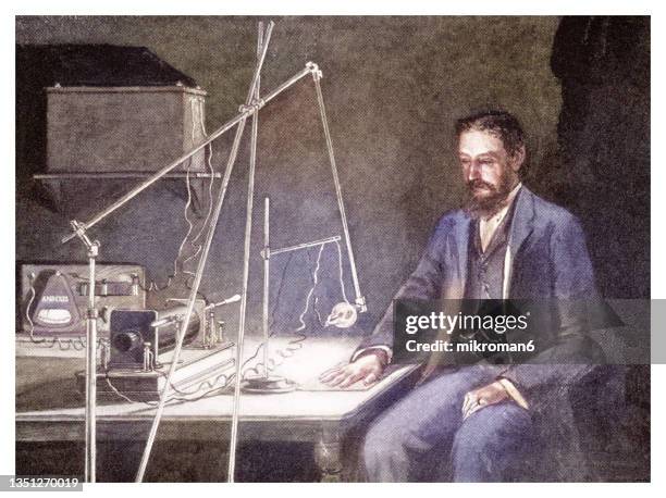old engraved illustration of early roentgen, x-ray apparatus - man x-raying his hand - röntgen stock pictures, royalty-free photos & images