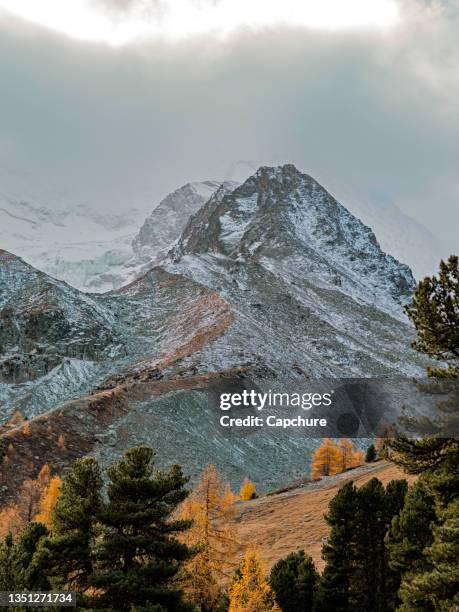 amazing views over an high alpine valley and snow covered mountains. - gebirgskamm stock-fotos und bilder