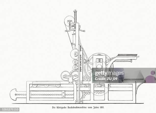 ilustrações, clipart, desenhos animados e ícones de prensa de impressão movida a vapor de alta velocidade por koenig (1811), xilogravura, publicada em 1900 - impressora fábrica