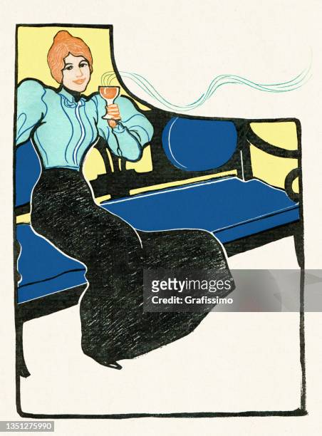 illustrazioni stock, clip art, cartoni animati e icone di tendenza di giovane donna seduta a bere vino art nouveau 1898 - stile liberty