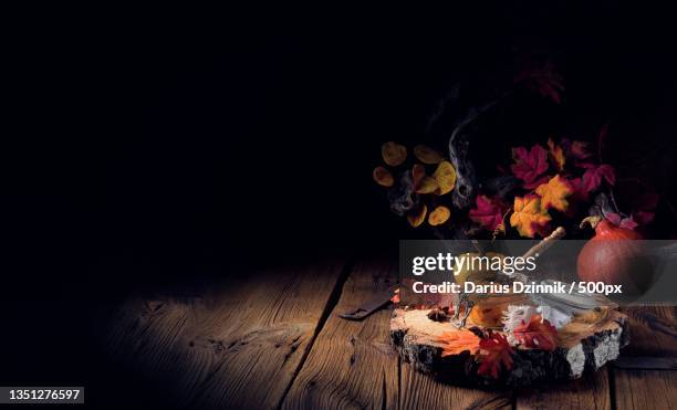close-up of autumn leaves on table - zimt foto e immagini stock