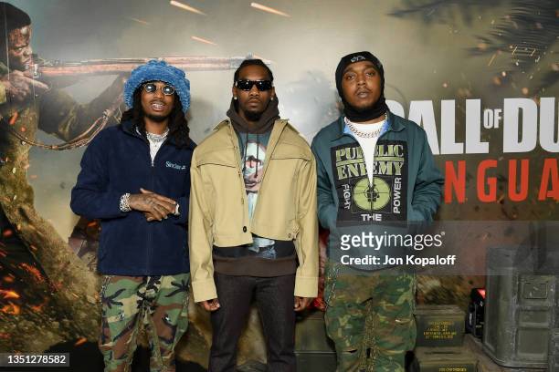 Quavo, Offset and Takeoff of Migos attend Call of Duty: Vanguard launch event with a first-ever verzuz concert at The Belasco on November 03, 2021 in...