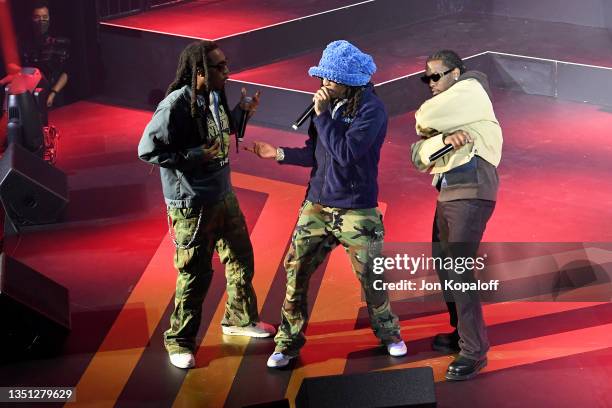 Takeoff, Quavo, and Offset of Migos perform Call of Duty: Vanguard launch event with a first-ever verzuz concert at The Belasco on November 03, 2021...