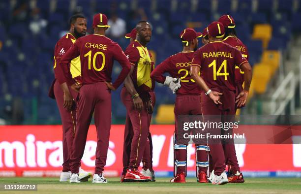 Andre Russell of West Indies celebrates the wicket of Kusal Perera of Sri Lanka during the ICC Men's T20 World Cup match between West Indies and Sri...