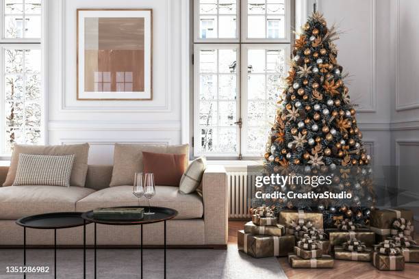 christmas tree in living room  interior - stock photo - christmas decoration home stock pictures, royalty-free photos & images