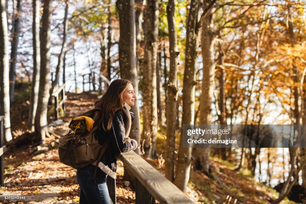 Wanderer junge Frau mit Blick auf den Herbstwald