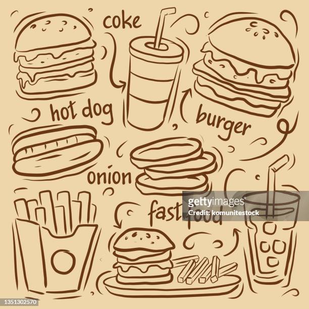 fast food related doodle design vektor illustration - burger stock-grafiken, -clipart, -cartoons und -symbole