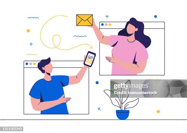 communication related cartoon style vector illustration - woman on plain background stock illustrations