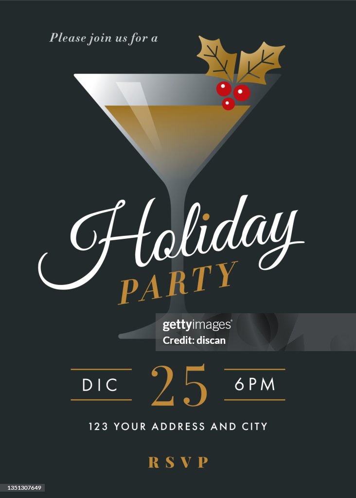 Holiday Cocktail Party invitation with Martini glass. Vector illustration.