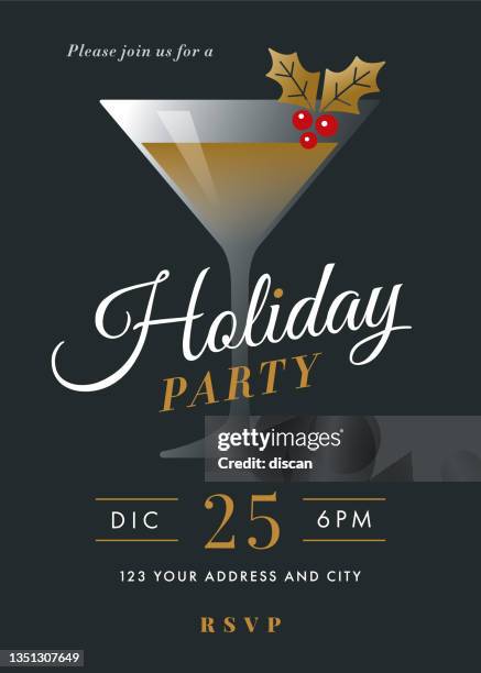 holiday cocktail party invitation with martini glass. vector illustration. - holiday cocktail party stock illustrations