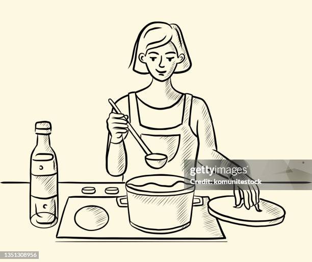 illustrazioni stock, clip art, cartoni animati e icone di tendenza di illustrazione vettoriale in stile cartone animato correlata alla cucina - person cooking cartoon