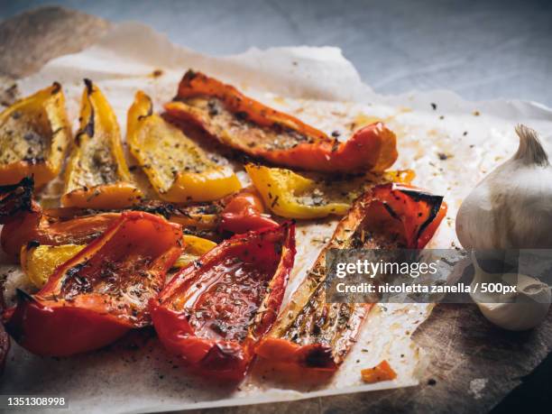 close-up of food on table - roasted pepper stock pictures, royalty-free photos & images