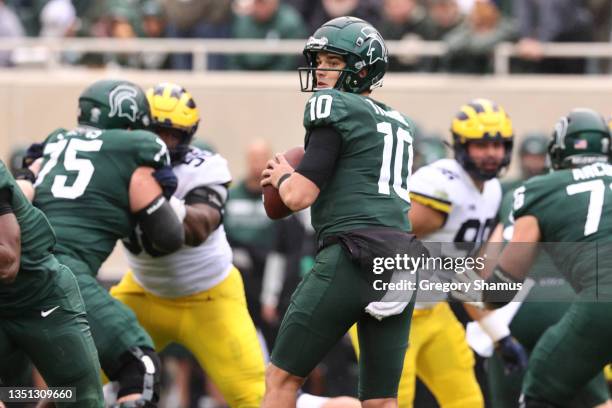 Payton Thorne of the Michigan State Spartans plays against the Michigan Wolverines at Spartan Stadium on October 30, 2021 in East Lansing, Michigan.