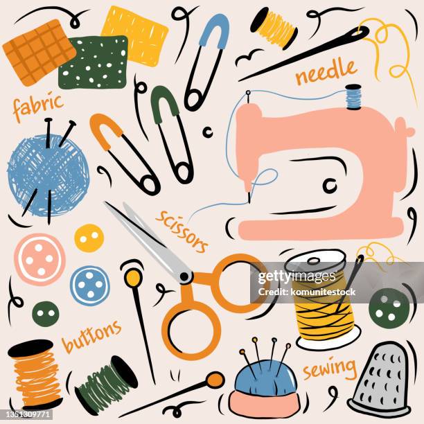 bildbanksillustrationer, clip art samt tecknat material och ikoner med sewing related cartoon style doodle vector illustration - embroidery