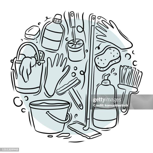 reinigung verwandter cartoon style doodle vector illustration - gebäude stock-grafiken, -clipart, -cartoons und -symbole