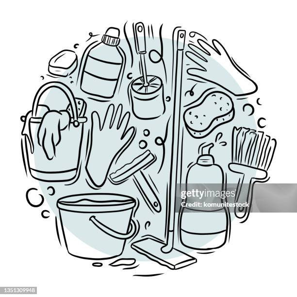 ilustrações, clipart, desenhos animados e ícones de limpeza relacionada ao estilo de desenho animado doodle vector ilustração - desinfetar