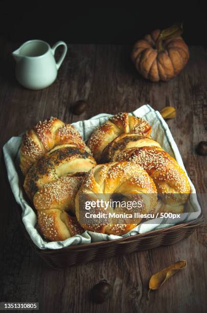 high angle view of baked pastry items on table,bucharest,romania - bucharest stock pictures, royalty-free photos & images