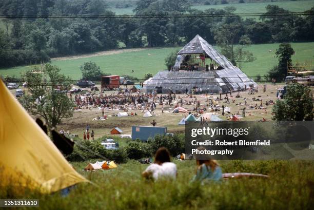 Wide shot of the Pyramid stage and its setting, Glastonbury Festival, United Kingdom, June 1971.