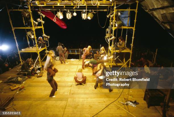 Perfomers on the Pyramid stage, Glastonbury Festival, United Kingdom, June 1971.