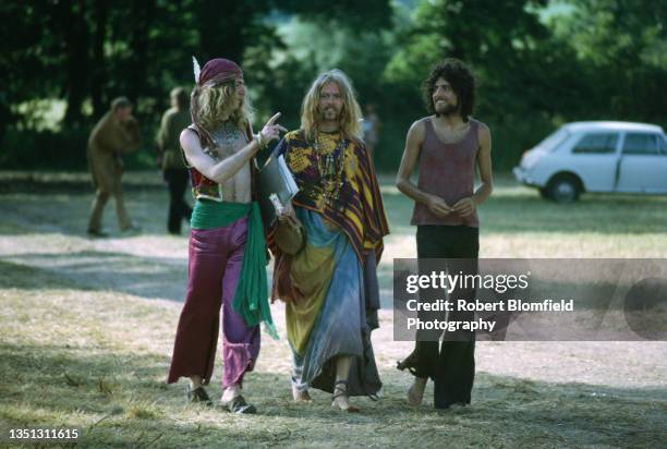 Three hippies, Glastonbury Festival, United Kingdom, June 1971.