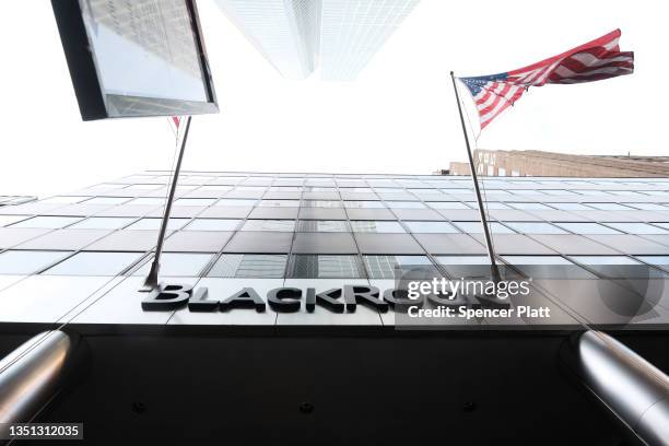 The headquarters of BlackRock stands in Manhattan as hundreds of members of the United Mine Workers of America march to the Manhattan financial...