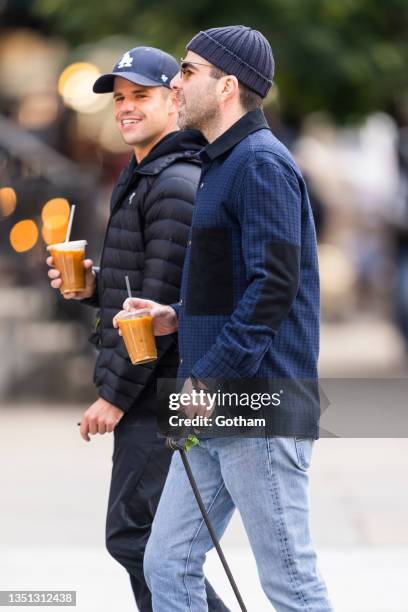Charlie Carver and Zachary Quinto are seen in NoHo on November 04, 2021 in New York City.