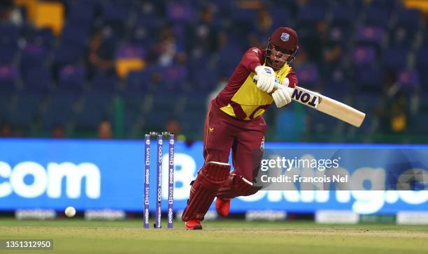 Shimron Hetmyer of West Indies plays a shot during the ICC Men's T20 World Cup match between West Indies and Sri Lanka at Sheikh Zayed stadium on...