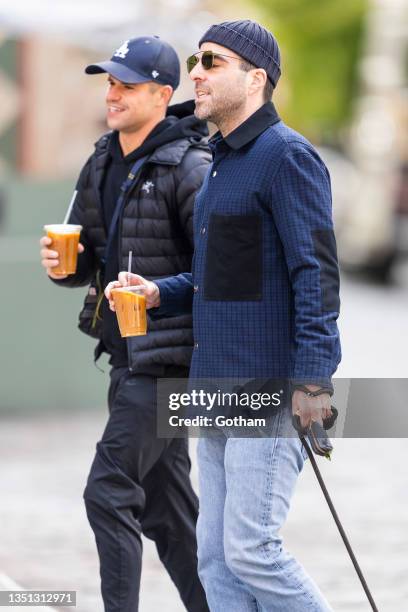 Charlie Carver and Zachary Quinto are seen in NoHo on November 04, 2021 in New York City.