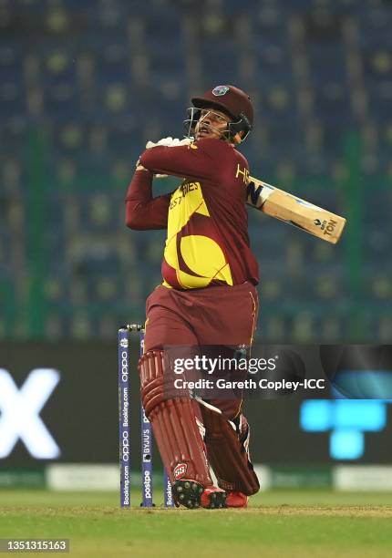 Shimron Hetmyer of West Indies plays a shot during the ICC Men's T20 World Cup match between West Indies and Sri Lanka at Sheikh Zayed stadium on...