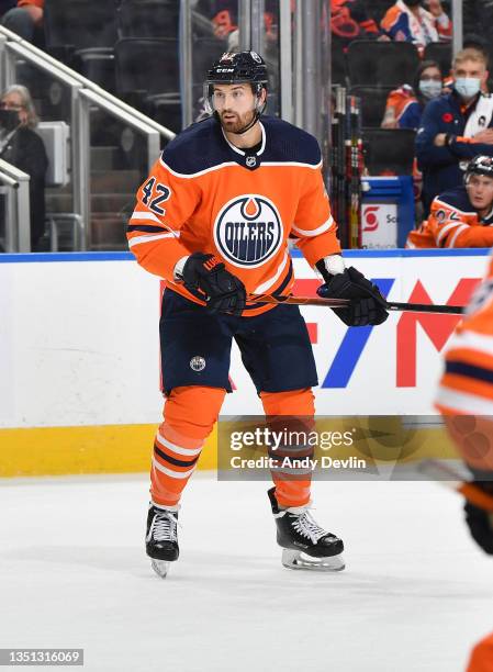 Brendan Perlini of the Edmonton Oilers skates during the game against the Nashville Predators on November 3, 2021 at Rogers Place in Edmonton,...