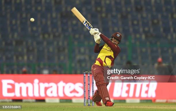 Shimron Yetmyer of West Indies plays a shot during the ICC Men's T20 World Cup match between West Indies and Sri Lanka at Sheikh Zayed stadium on...