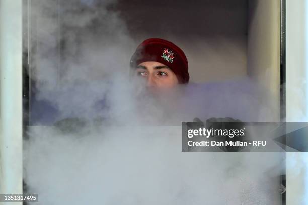 Raffi Quirke of England recovers in a cryotherapy chamber following a training session at Pennyhill Park on November 02, 2021 in Bagshot, England.